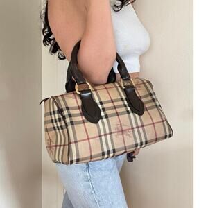 VTG Burberry Beige/Brown Haymarket Check Coated Canvas Medium Bowling Bag *flaw*